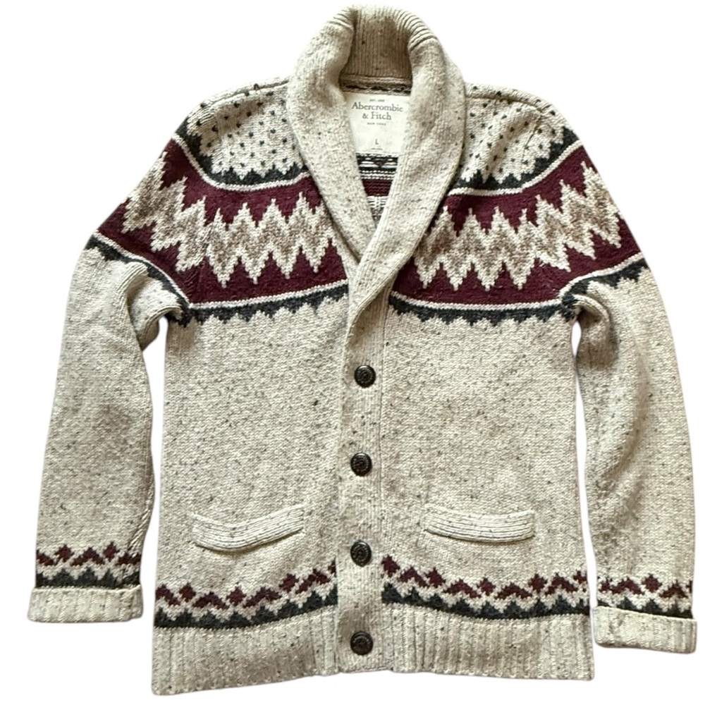A125-Cream and burgundy striped cardigan with a retro vibe cardigan Large